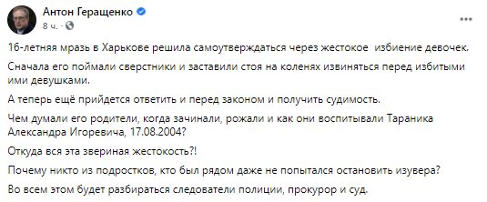 В Харькове парень избил девушку. Скриншот из фейсбука Геращенко